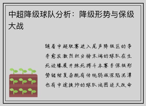 中超降级球队分析：降级形势与保级大战